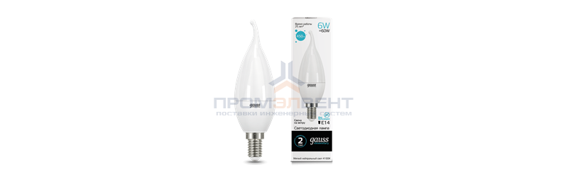 Лампа Gauss Elementary Свеча на ветру 6W 450lm 4100K Е14 LED 1/10/50